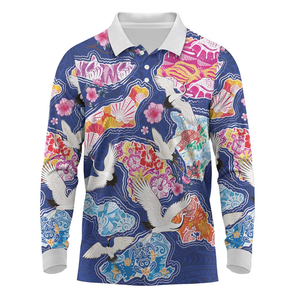Hawaiian and Japanese Culture Together Long Sleeve Polo Shirt Hawaiian Archipelago Shape Sea Animals LT03 Multicolor - Polynesian Pride