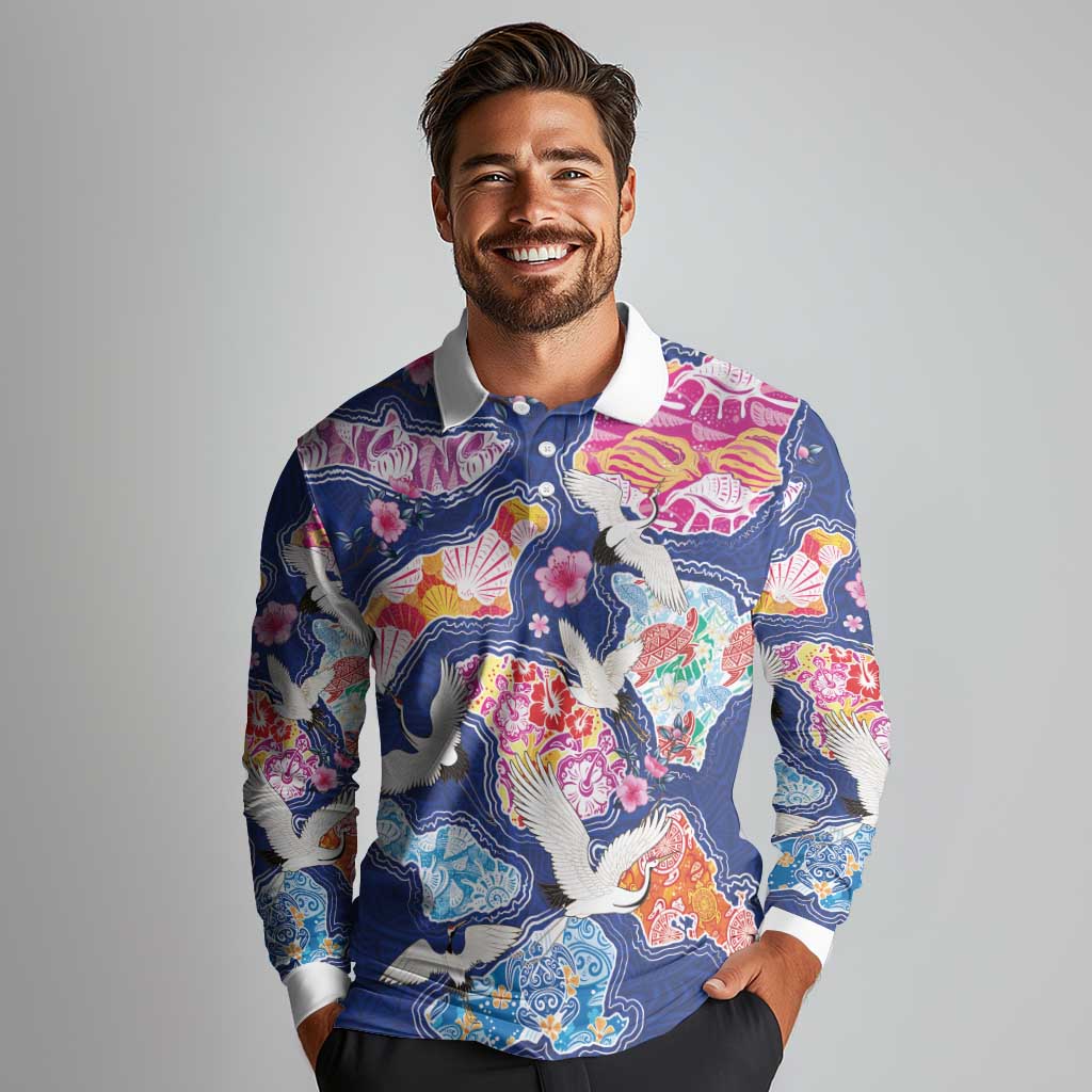 Hawaiian and Japanese Culture Together Long Sleeve Polo Shirt Hawaiian Archipelago Shape Sea Animals