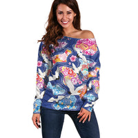 Hawaiian and Japanese Culture Together Off Shoulder Sweater Hawaiian Archipelago Shape Sea Animals