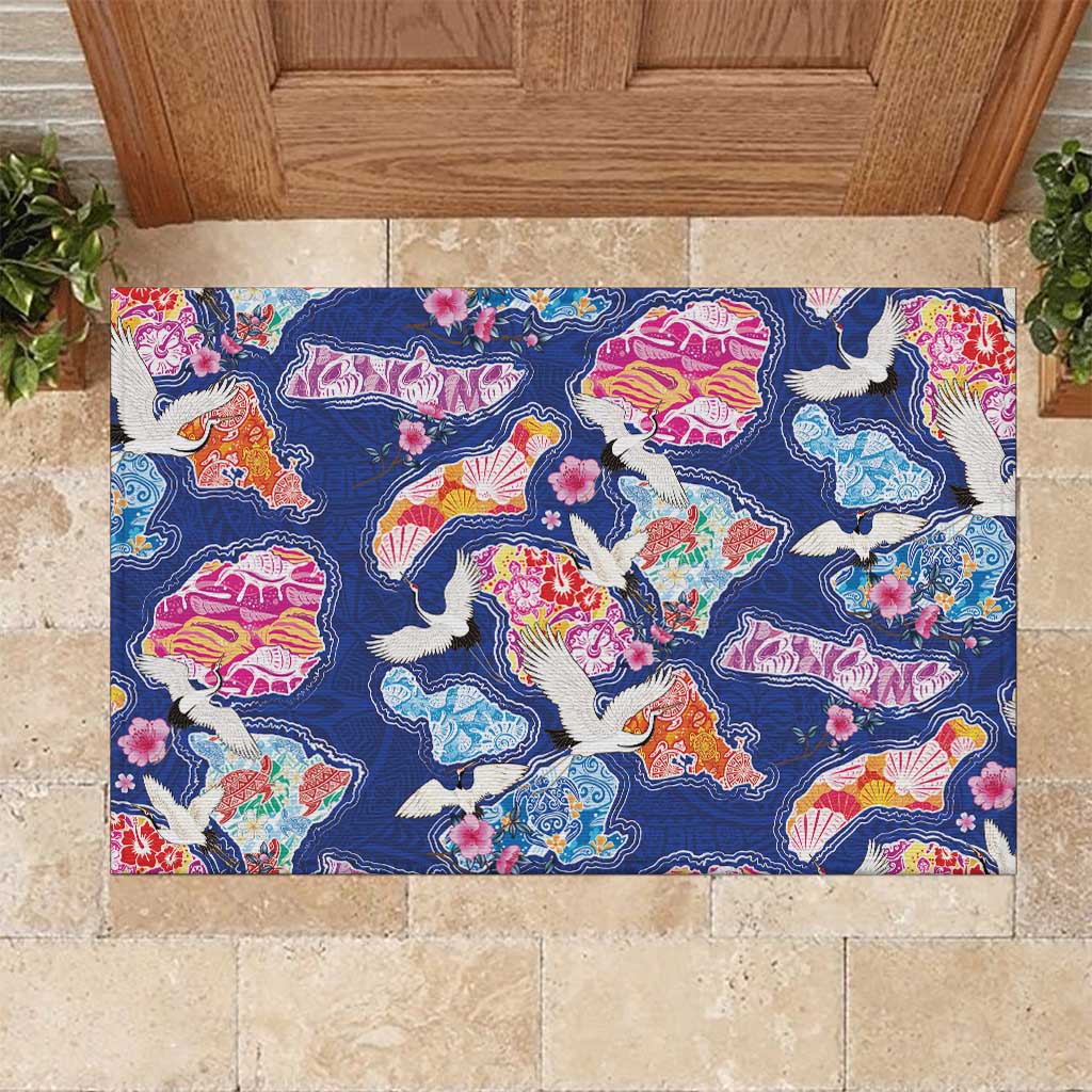 Hawaiian and Japanese Culture Together Rubber Doormat Hawaiian Archipelago Shape Sea Animals