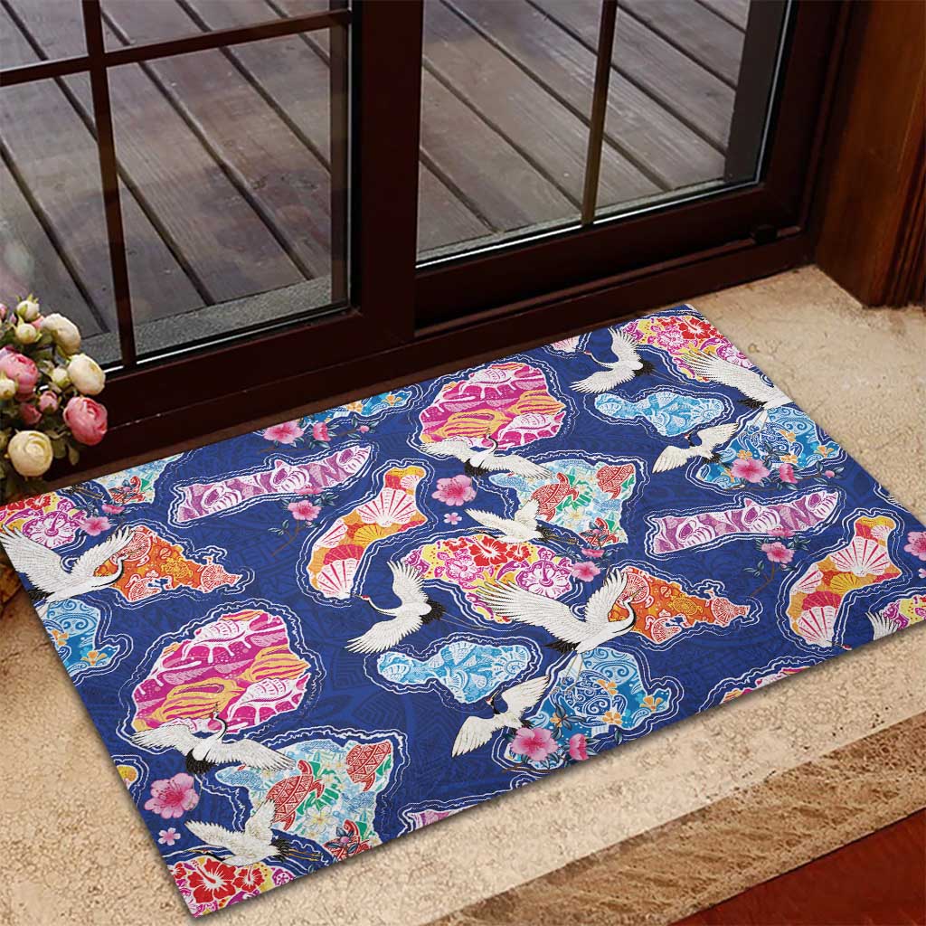 Hawaiian and Japanese Culture Together Rubber Doormat Hawaiian Archipelago Shape Sea Animals