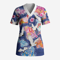 Hawaiian and Japanese Culture Together Scrub Top Hawaiian Archipelago Shape Sea Animals LT03 Adult Multicolor - Polynesian Pride