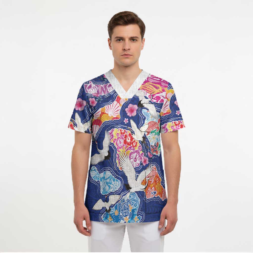 Hawaiian and Japanese Culture Together Scrub Top Hawaiian Archipelago Shape Sea Animals LT03 - Polynesian Pride