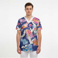 Hawaiian and Japanese Culture Together Scrub Top Hawaiian Archipelago Shape Sea Animals LT03 - Polynesian Pride