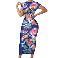 Hawaiian and Japanese Culture Together Short Sleeve Bodycon Dress Hawaiian Archipelago Shape Sea Animals