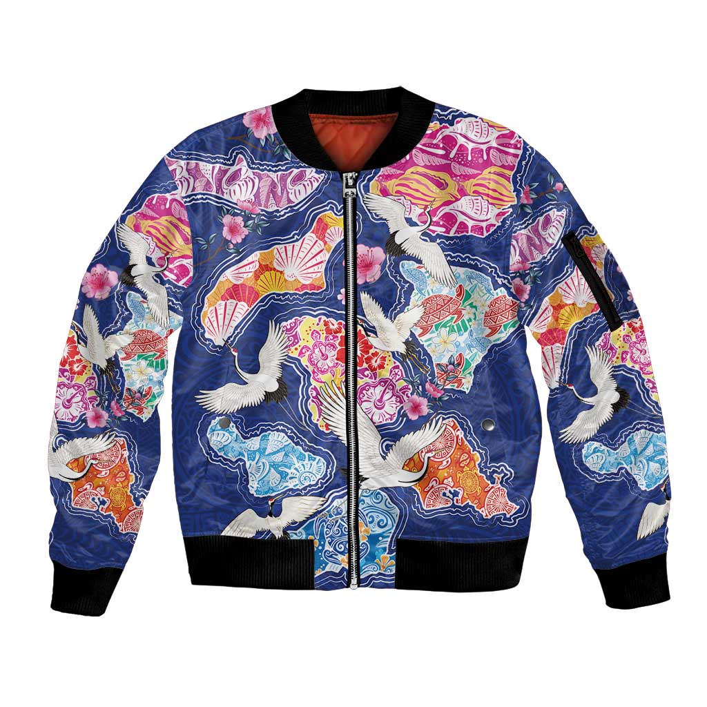 Hawaiian and Japanese Culture Together Sleeve Zip Bomber Jacket Hawaiian Archipelago Shape Sea Animals LT03 Unisex Multicolor - Polynesian Pride