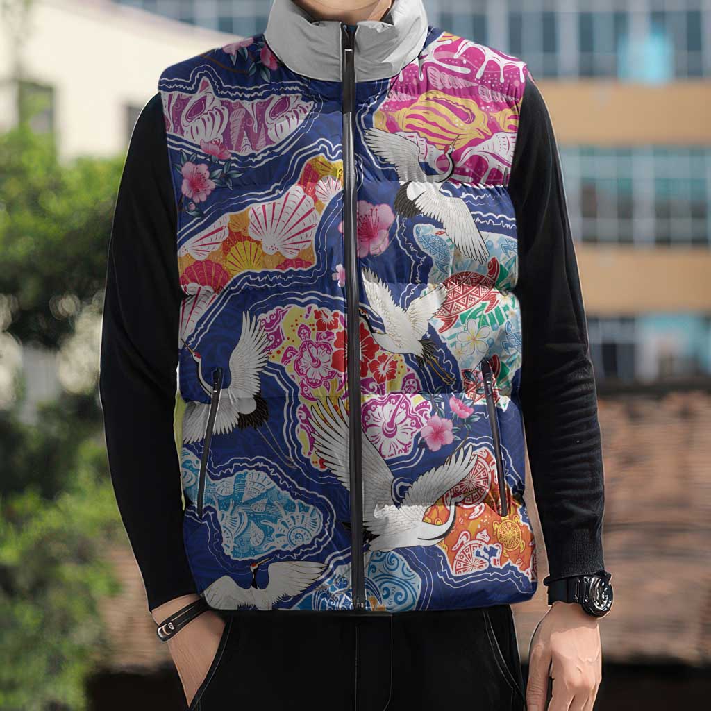 Hawaiian and Japanese Culture Together Sleeveless Puffer Jacket Hawaiian Archipelago Shape Sea Animals LT03 - Polynesian Pride