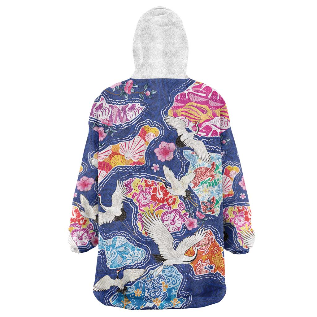 Hawaiian and Japanese Culture Together Wearable Blanket Hoodie Hawaiian Archipelago Shape Sea Animals