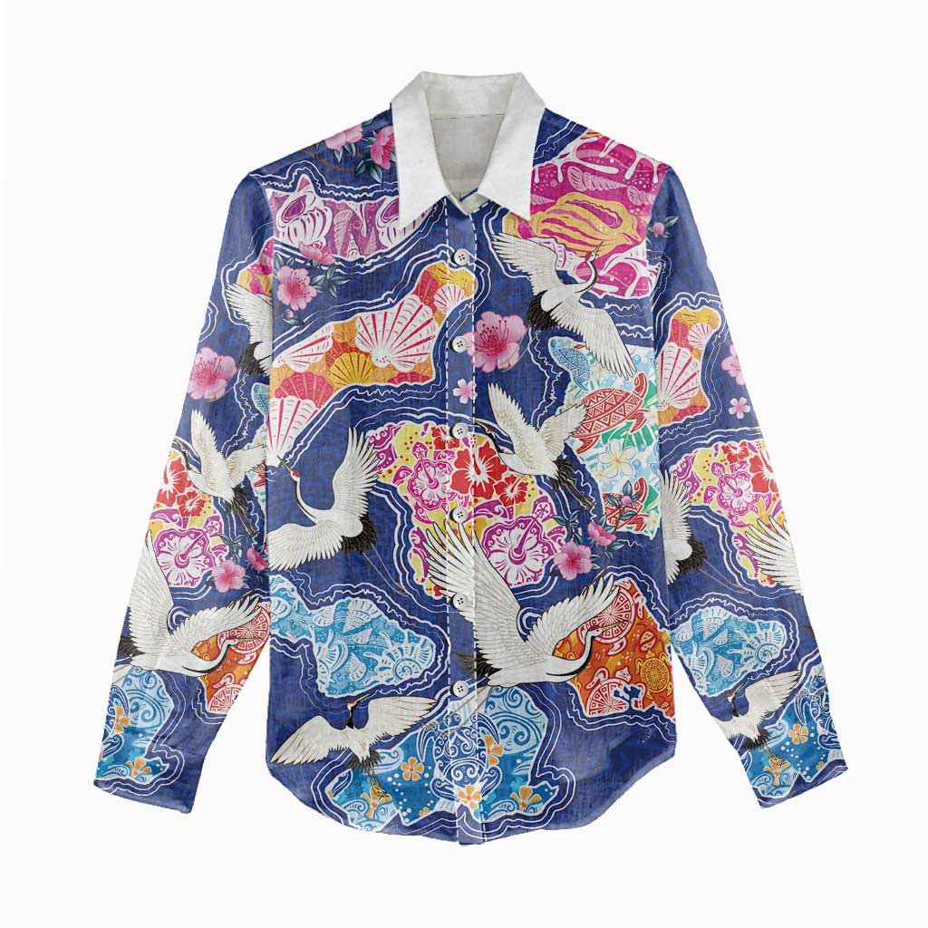 Hawaiian and Japanese Culture Together Women Casual Shirt Hawaiian Archipelago Shape Sea Animals