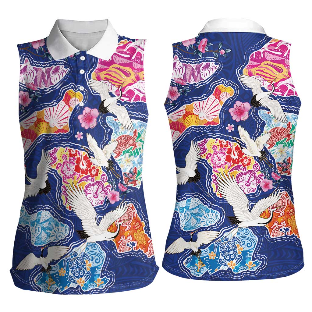 Hawaiian and Japanese Culture Together Women Sleeveless Polo Shirt Hawaiian Archipelago Shape Sea Animals