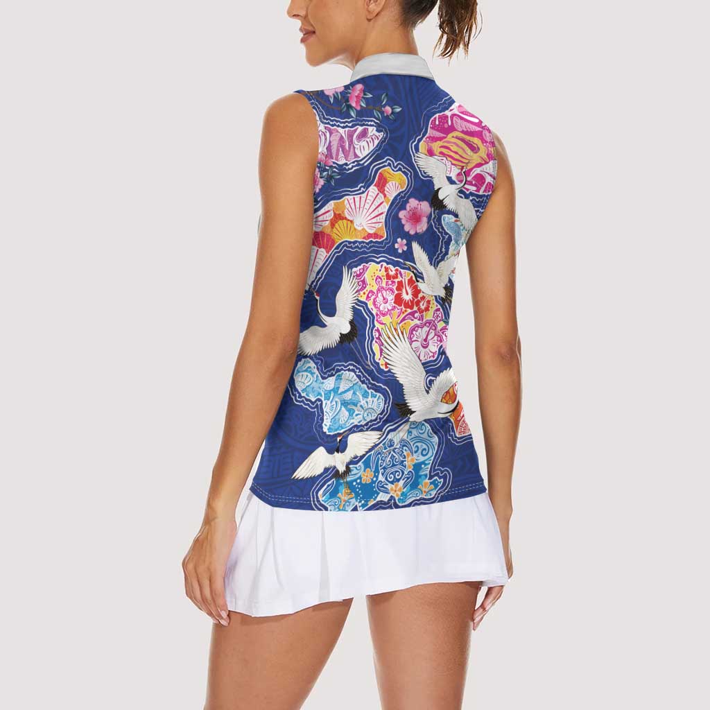 Hawaiian and Japanese Culture Together Women Sleeveless Polo Shirt Hawaiian Archipelago Shape Sea Animals