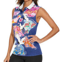 Hawaiian and Japanese Culture Together Women Sleeveless Polo Shirt Hawaiian Archipelago Shape Sea Animals