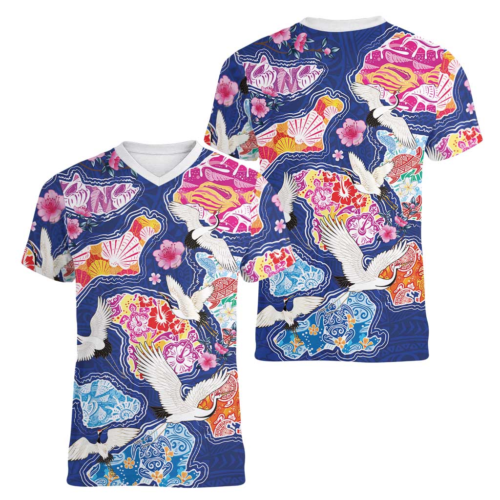 Hawaiian and Japanese Culture Together Women V-Neck T-Shirt Hawaiian Archipelago Shape Sea Animals