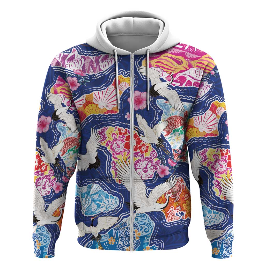 Hawaiian and Japanese Culture Together Zip Hoodie Hawaiian Archipelago Shape Sea Animals LT03 Zip Hoodie Multicolor - Polynesian Pride