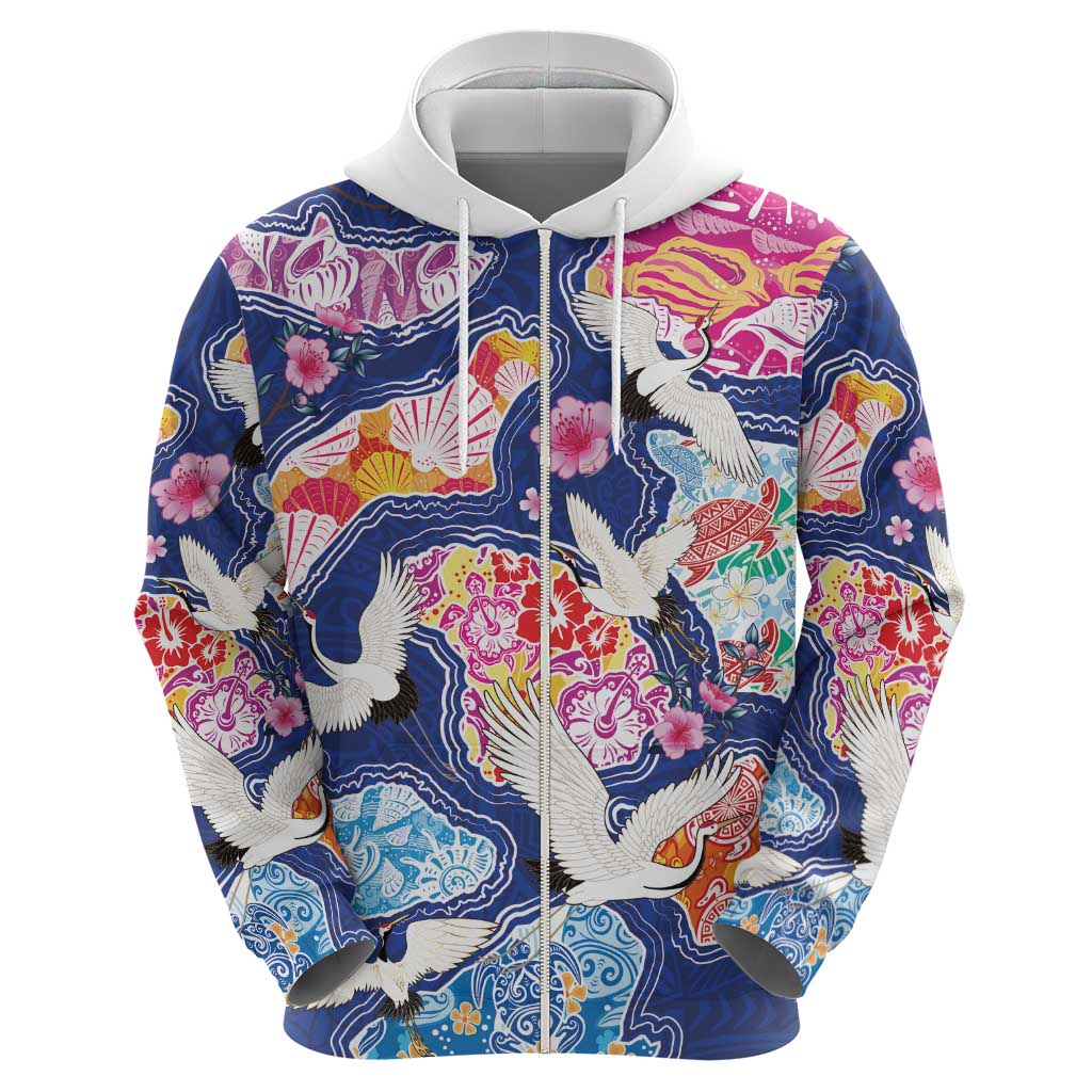 Hawaiian and Japanese Culture Together Zip Hoodie Hawaiian Archipelago Shape Sea Animals LT03 - Polynesian Pride