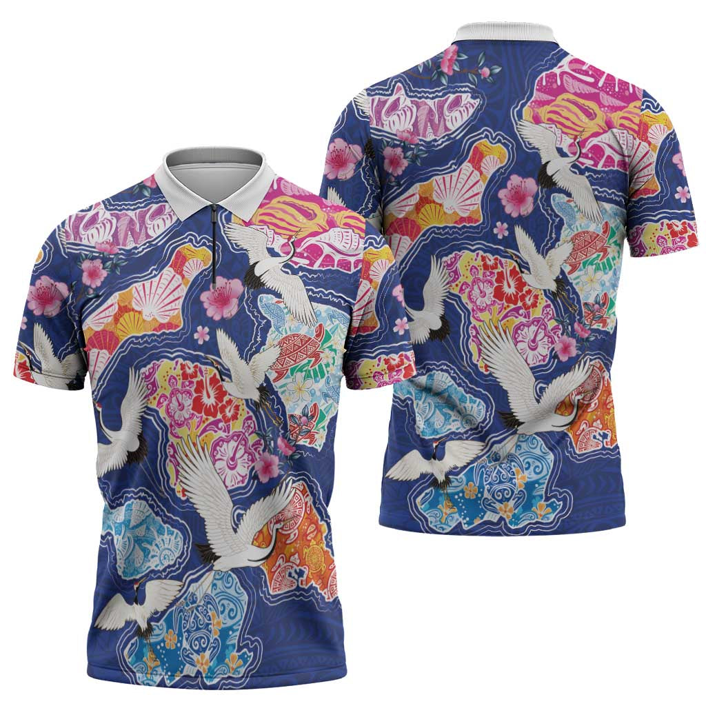 Hawaiian and Japanese Culture Together Zipper Polo Shirt Hawaiian Archipelago Shape Sea Animals
