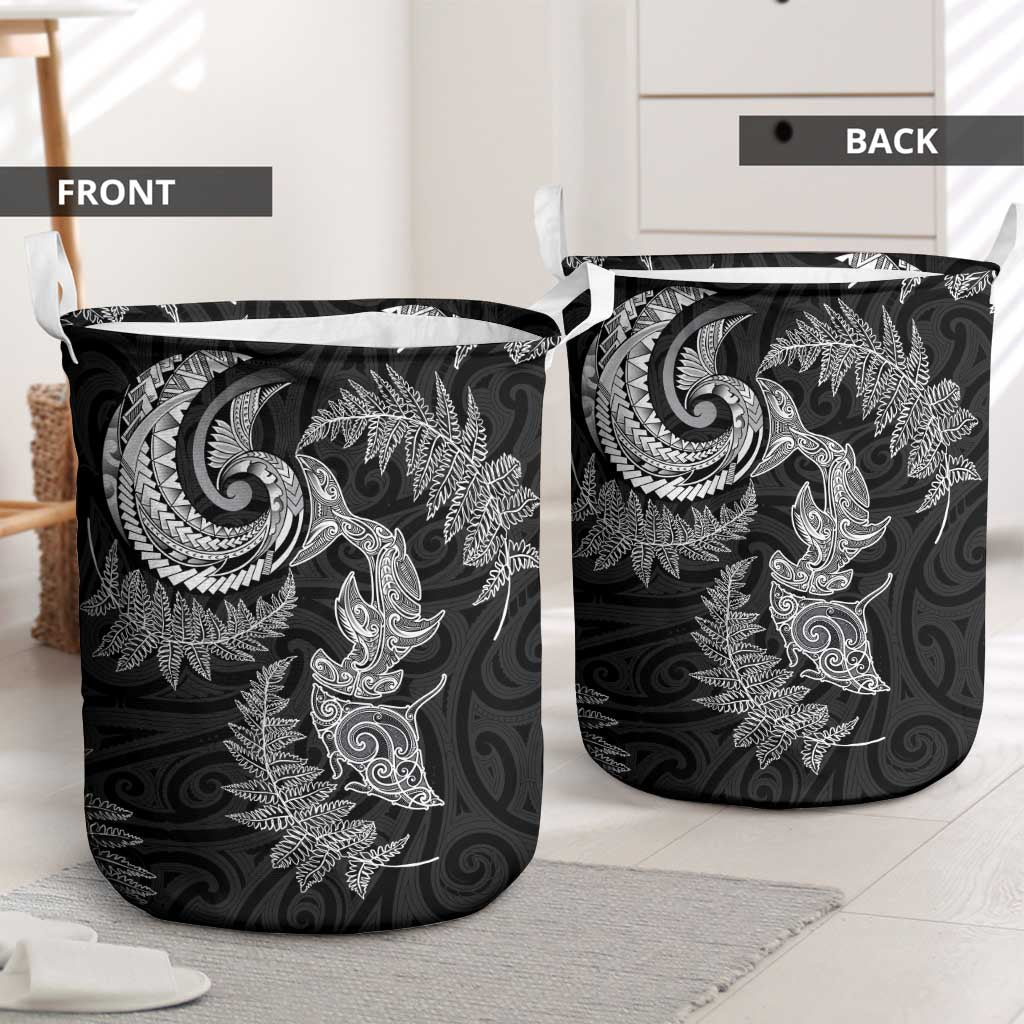 New Zealand Sea Animals with Maori Tribal Tattoo Laundry Basket Shark Manta Ray with Silver Fern Black