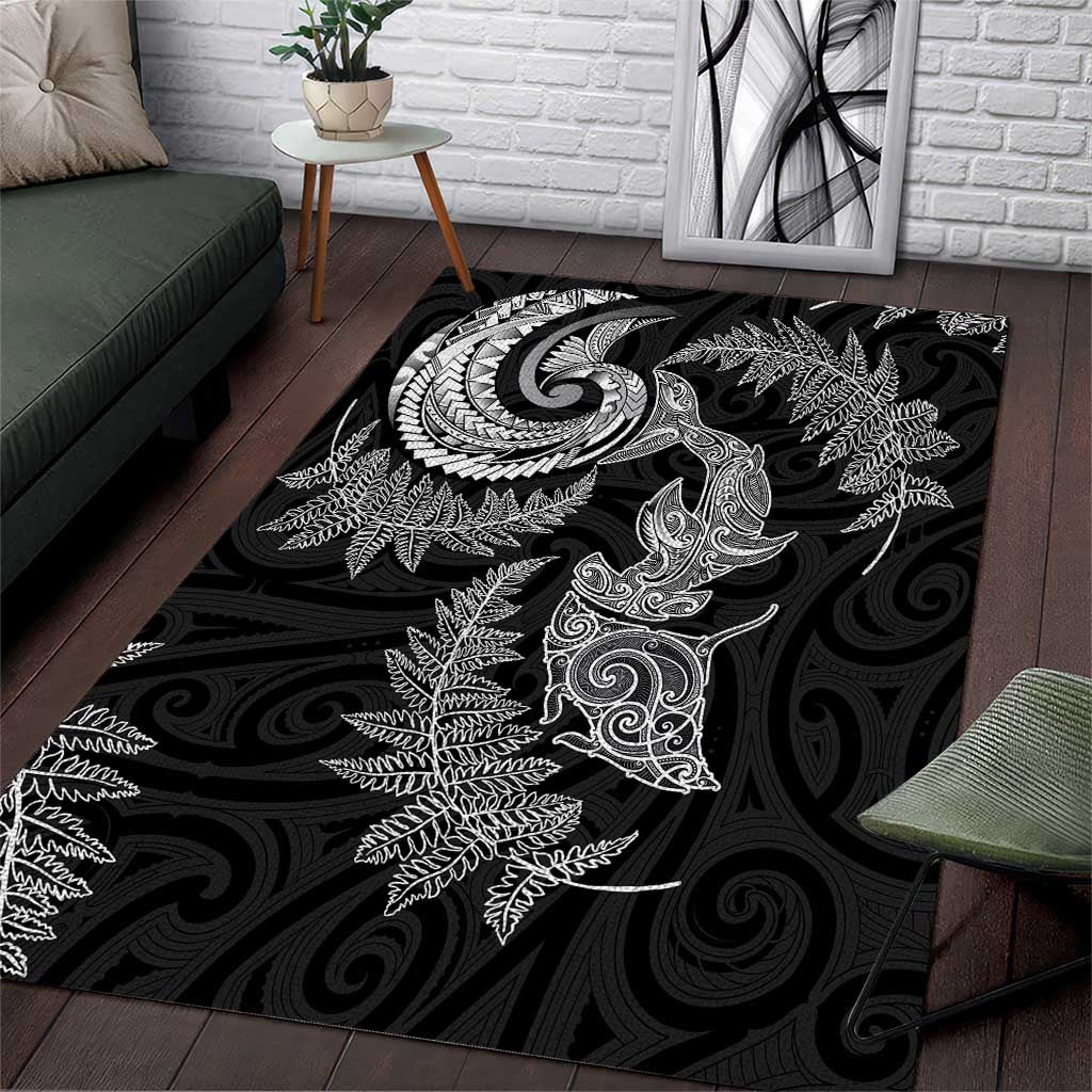 New Zealand Sea Animals with Maori Tribal Tattoo Area Rug Shark Manta Ray with Silver Fern Black