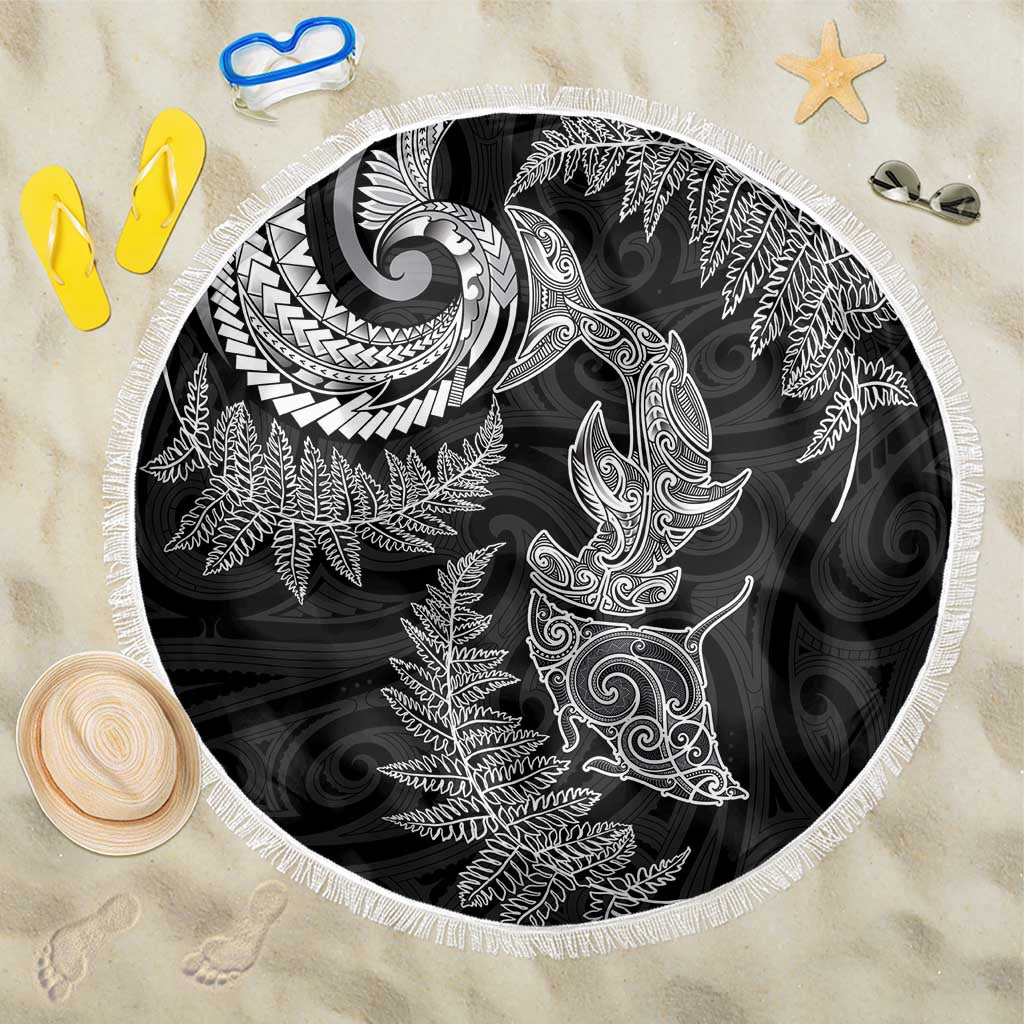 New Zealand Sea Animals with Maori Tribal Tattoo Beach Blanket Shark Manta Ray with Silver Fern Black