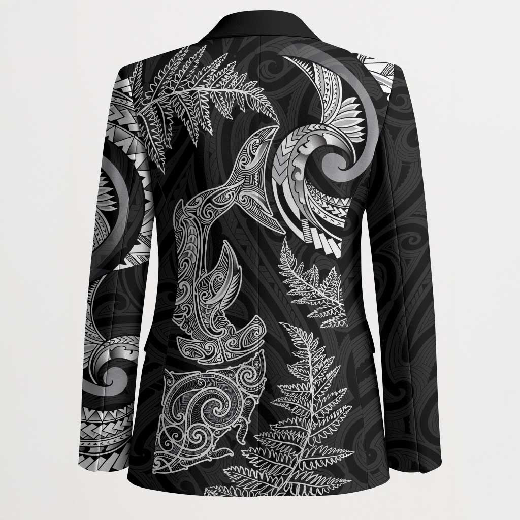 New Zealand Sea Animals with Maori Tribal Tattoo Blazer Shark Manta Ray with Silver Fern Black