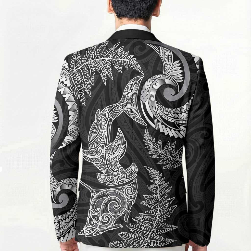 New Zealand Sea Animals with Maori Tribal Tattoo Blazer Shark Manta Ray with Silver Fern Black
