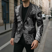 New Zealand Sea Animals with Maori Tribal Tattoo Blazer Shark Manta Ray with Silver Fern Black