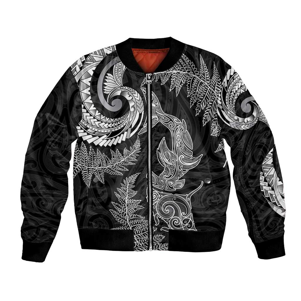 New Zealand Sea Animals with Maori Tribal Tattoo Bomber Jacket Shark Manta Ray with Silver Fern Black
