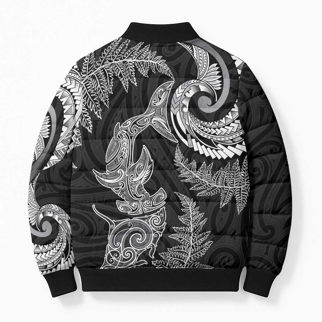 New Zealand Sea Animals with Maori Tribal Tattoo Bomber Puffer Jacket Shark Manta Ray with Silver Fern Black