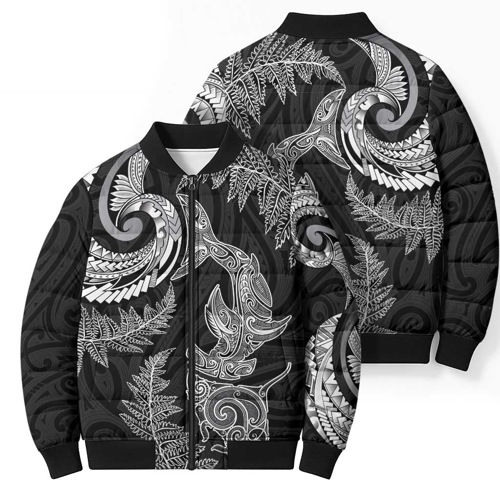 New Zealand Sea Animals with Maori Tribal Tattoo Bomber Puffer Jacket Shark Manta Ray with Silver Fern Black