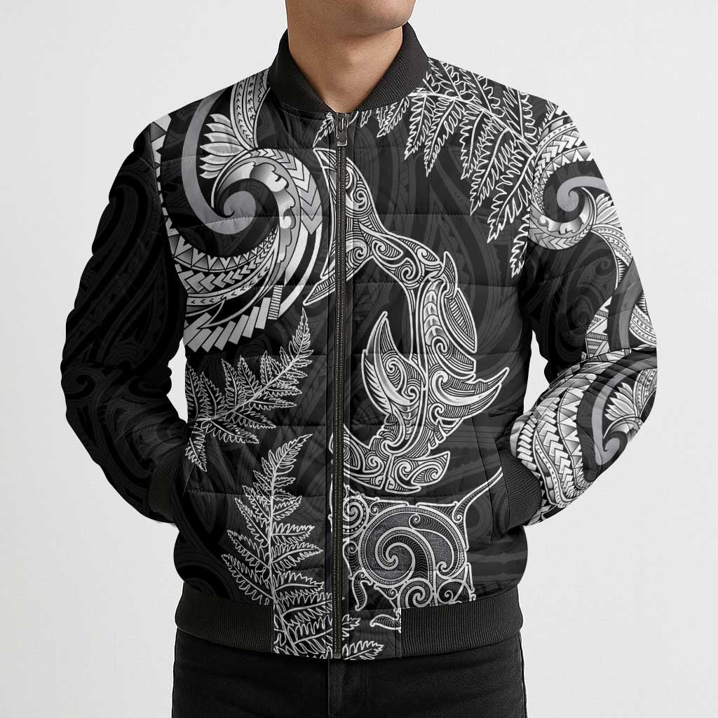 New Zealand Sea Animals with Maori Tribal Tattoo Bomber Puffer Jacket Shark Manta Ray with Silver Fern Black