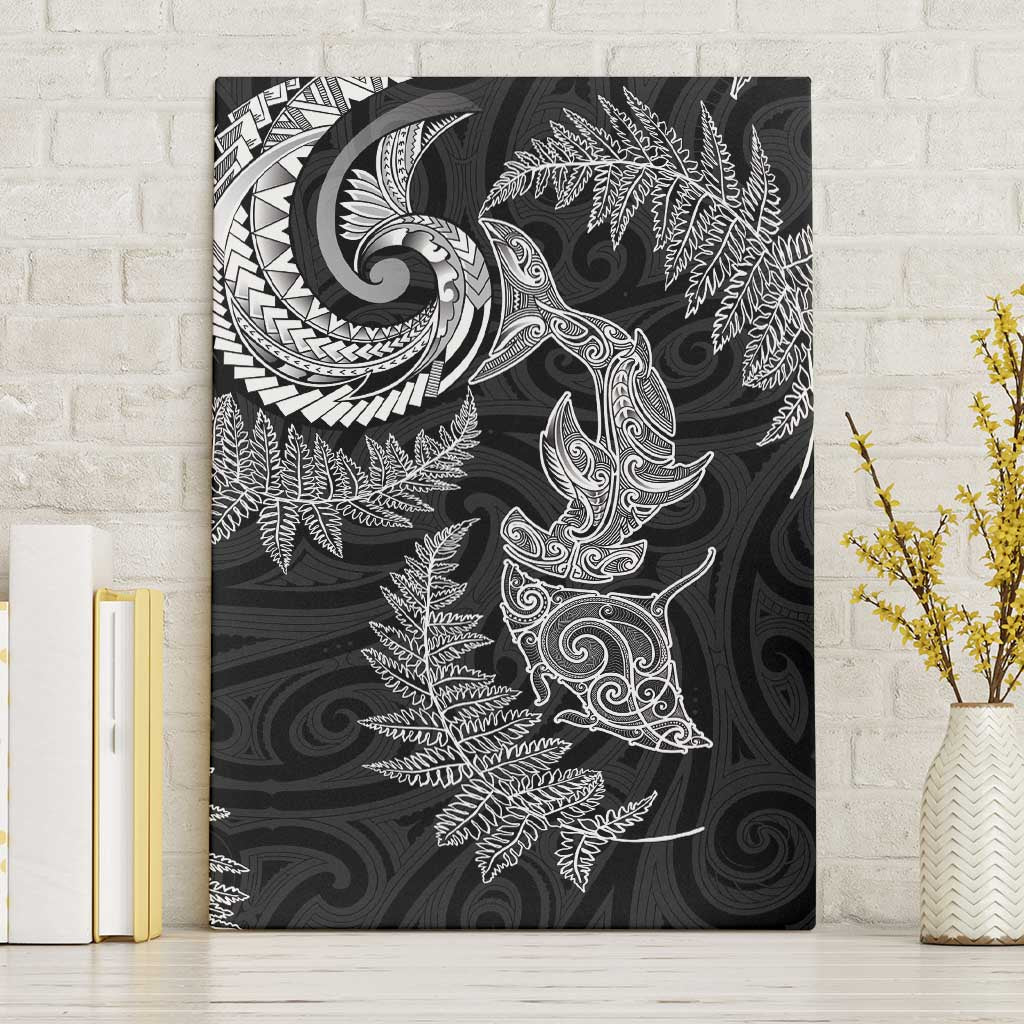 New Zealand Sea Animals with Maori Tribal Tattoo Canvas Wall Art Shark Manta Ray with Silver Fern Black