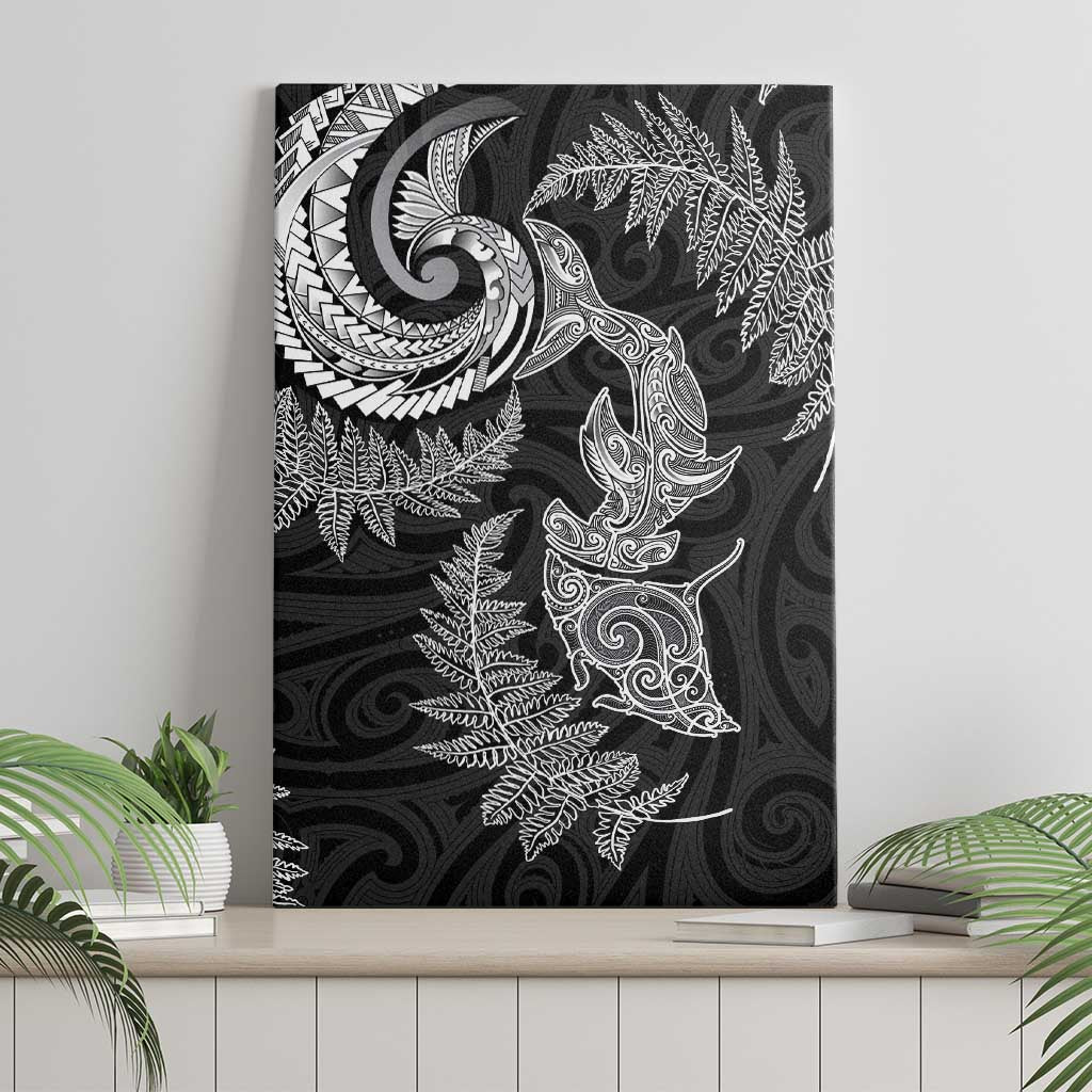 New Zealand Sea Animals with Maori Tribal Tattoo Canvas Wall Art Shark Manta Ray with Silver Fern Black