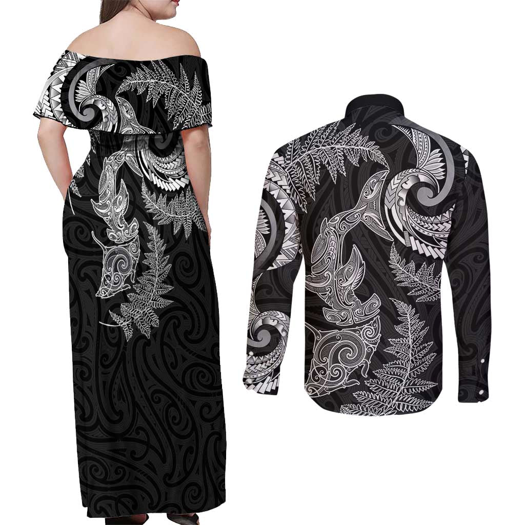 New Zealand Sea Animals with Maori Tribal Tattoo Couples Matching Off Shoulder Maxi Dress and Long Sleeve Button Shirt Shark Manta Ray with Silver Fern Black