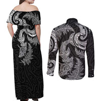 New Zealand Sea Animals with Maori Tribal Tattoo Couples Matching Off Shoulder Maxi Dress and Long Sleeve Button Shirt Shark Manta Ray with Silver Fern Black