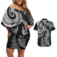 New Zealand Sea Animals with Maori Tribal Tattoo Couples Matching Off Shoulder Short Dress and Hawaiian Shirt Shark Manta Ray with Silver Fern Black