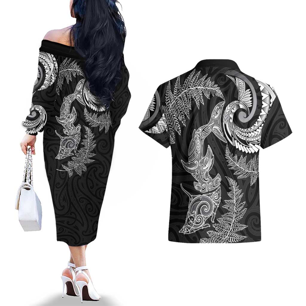 New Zealand Sea Animals with Maori Tribal Tattoo Couples Matching Off The Shoulder Long Sleeve Dress and Hawaiian Shirt Shark Manta Ray with Silver Fern Black