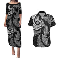 New Zealand Sea Animals with Maori Tribal Tattoo Couples Matching Puletasi and Hawaiian Shirt Shark Manta Ray with Silver Fern Black
