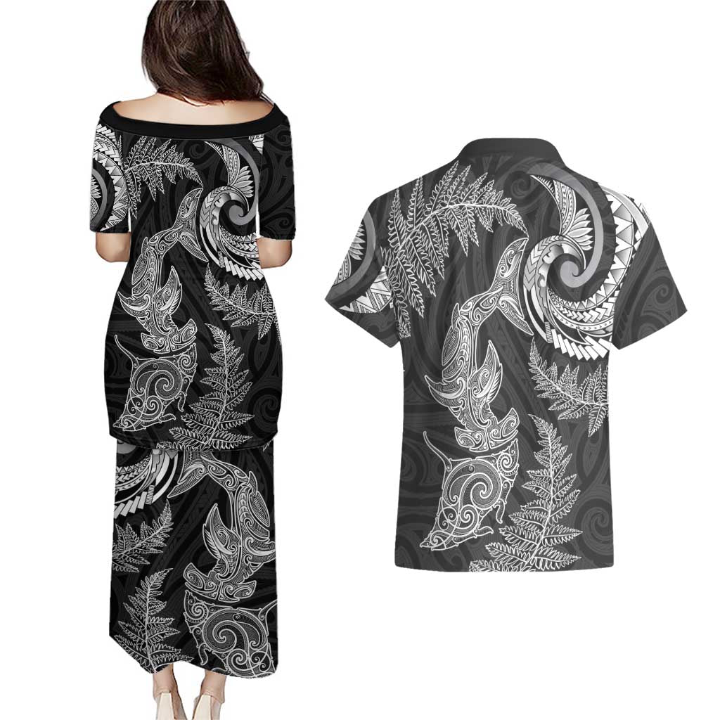 New Zealand Sea Animals with Maori Tribal Tattoo Couples Matching Puletasi and Hawaiian Shirt Shark Manta Ray with Silver Fern Black