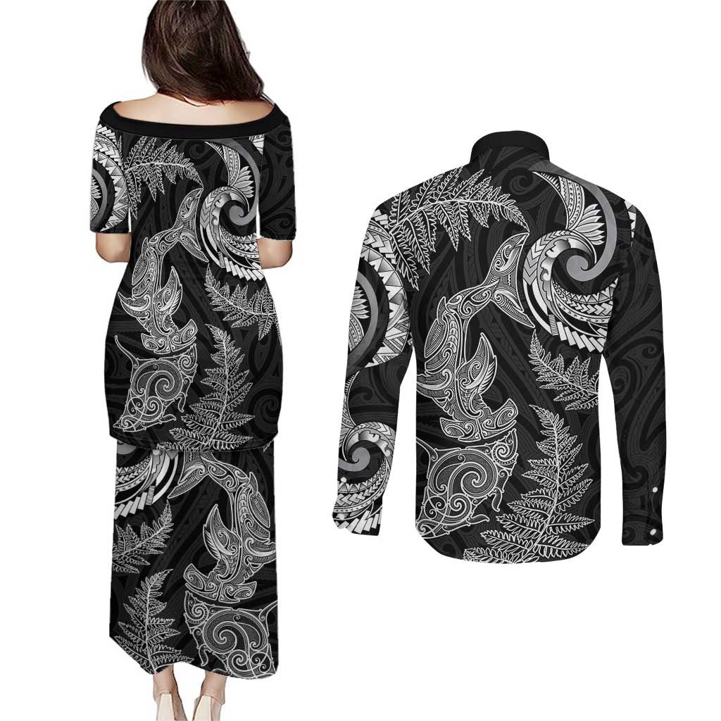 New Zealand Sea Animals with Maori Tribal Tattoo Couples Matching Puletasi and Long Sleeve Button Shirt Shark Manta Ray with Silver Fern Black