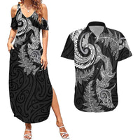 New Zealand Sea Animals with Maori Tribal Tattoo Couples Matching Summer Maxi Dress and Hawaiian Shirt Shark Manta Ray with Silver Fern Black