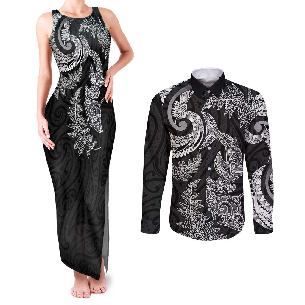New Zealand Sea Animals with Maori Tribal Tattoo Couples Matching Tank Maxi Dress and Long Sleeve Button Shirt Shark Manta Ray with Silver Fern Black