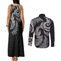 New Zealand Sea Animals with Maori Tribal Tattoo Couples Matching Tank Maxi Dress and Long Sleeve Button Shirt Shark Manta Ray with Silver Fern Black