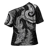 New Zealand Sea Animals with Maori Tribal Tattoo Cross Shoulder Shirt Shark Manta Ray with Silver Fern Black