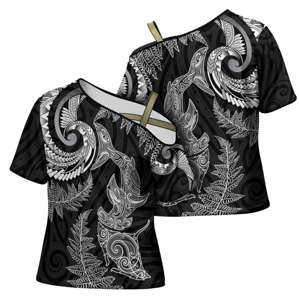 New Zealand Sea Animals with Maori Tribal Tattoo Cross Shoulder Shirt Shark Manta Ray with Silver Fern Black