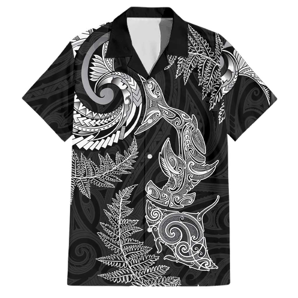 New Zealand Sea Animals with Maori Tribal Tattoo Family Matching Mermaid Dress and Hawaiian Shirt Shark Manta Ray with Silver Fern Black