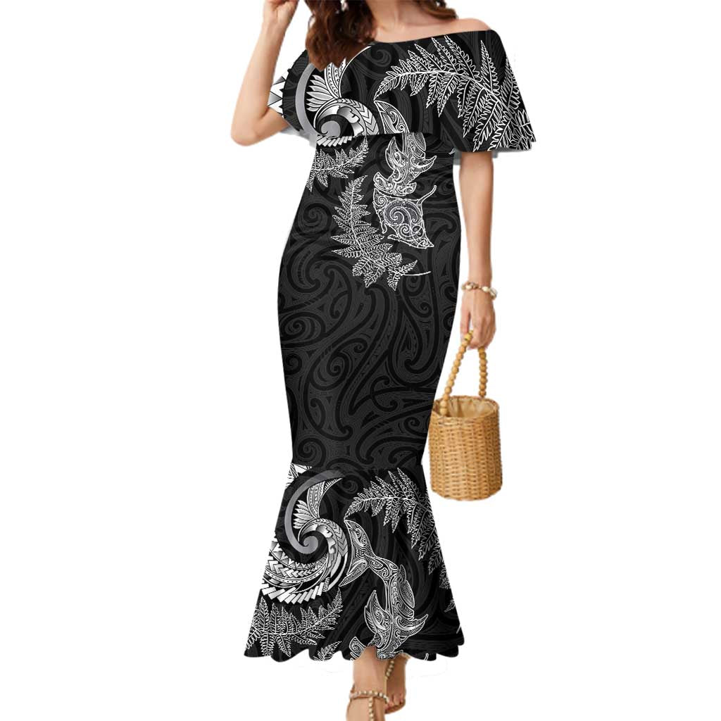 New Zealand Sea Animals with Maori Tribal Tattoo Family Matching Mermaid Dress and Hawaiian Shirt Shark Manta Ray with Silver Fern Black