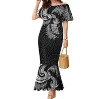 New Zealand Sea Animals with Maori Tribal Tattoo Family Matching Mermaid Dress and Hawaiian Shirt Shark Manta Ray with Silver Fern Black