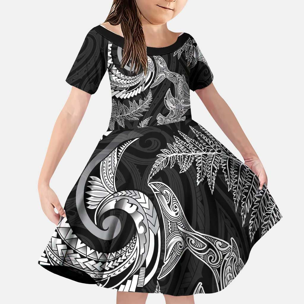 New Zealand Sea Animals with Maori Tribal Tattoo Family Matching Off The Shoulder Long Sleeve Dress and Hawaiian Shirt Shark Manta Ray with Silver Fern Black