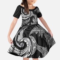 New Zealand Sea Animals with Maori Tribal Tattoo Family Matching Off The Shoulder Long Sleeve Dress and Hawaiian Shirt Shark Manta Ray with Silver Fern Black