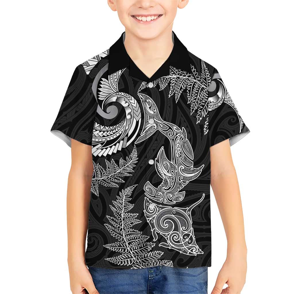 New Zealand Sea Animals with Maori Tribal Tattoo Family Matching Off The Shoulder Long Sleeve Dress and Hawaiian Shirt Shark Manta Ray with Silver Fern Black
